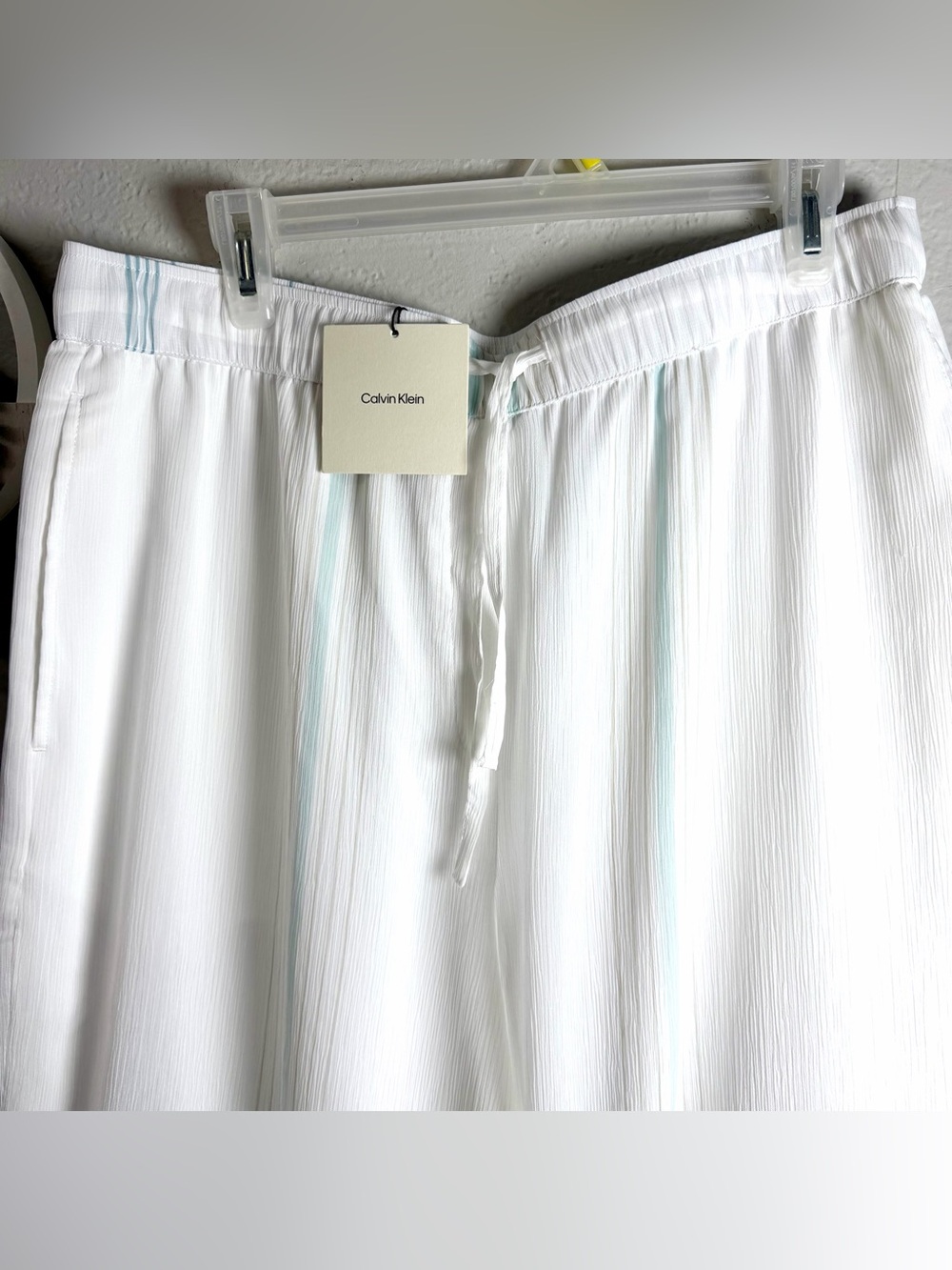 Calvin Klein Women’s White Striped Wide-Leg Pants Drawstring Pockets Size L - Picture 4 of 13
